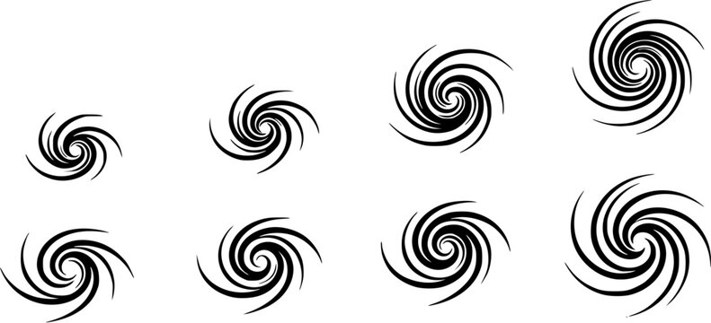 set of Dynamic swirls illustrate the evolution of a cyclone in a dramatic weather phenomenon depiction , vector set