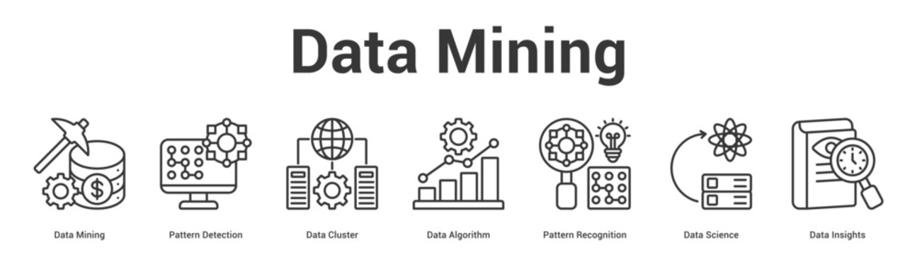 Data Mining web banner icon set vector illustration concept for business with icon of Data Mining, Pattern Detection, Data Cluster, Data Algorithm, Pattern Recognition, Data Scien.