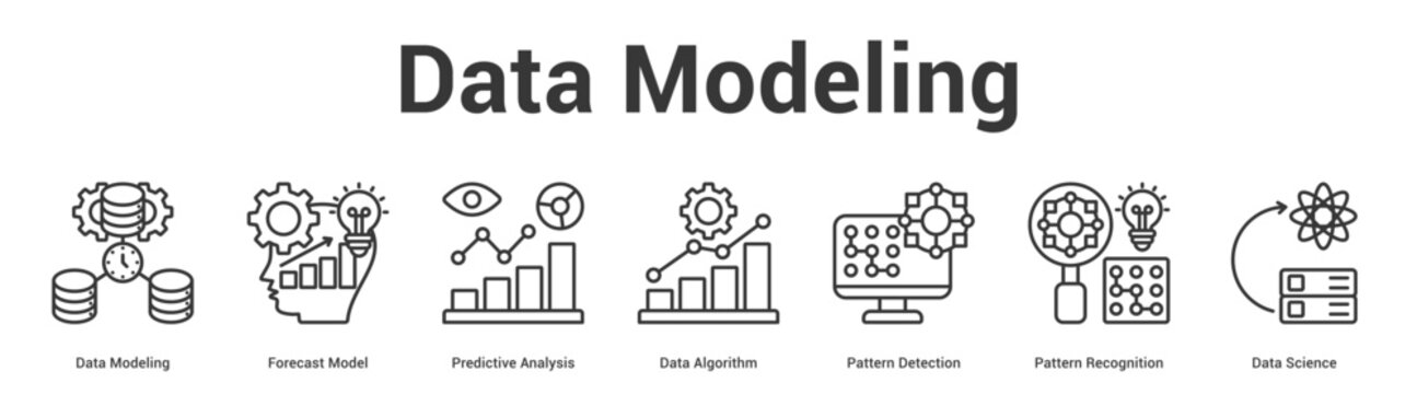 Data Modeling web banner icon set vector illustration concept for business with icon of Data Modeling, Forecast Model, Predictive Analysis, Data Algorithm, Pattern Detection, Pattern Recogniti.