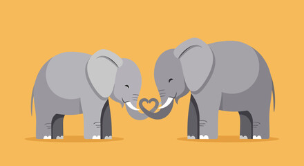 Fototapeta premium Two adorable cartoon elephants forming a heart shape with their trunks on a warm orange background, symbolizing love and friendship.