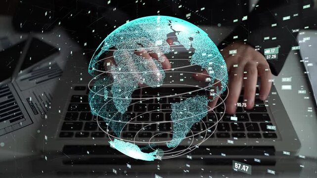 An abstract digital illustration of the earth overlaid on a computer keyboard. This image represents global connectivity, data analysis, and technological innovation in business settings. Xenic