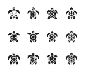 Collection of twelve stylized black and white sea turtle icons viewed from above © MdJahid