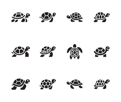 Twelve simple black icons illustrating sea turtles in various terrestrial walking positions
