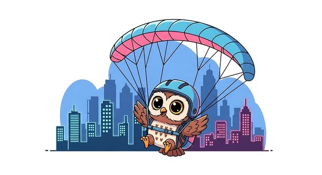 A cartoon owl with big eyes and a helmet floats through the air with a parachute over a cityscape at daytime