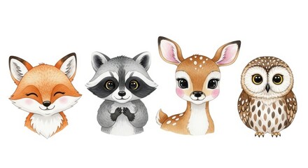 Fototapeta premium Cute forest animal characters are displayed in a watercolor collection.