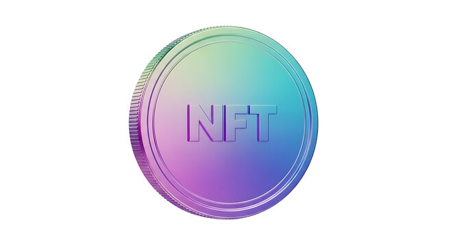 A vibrant iridescent NFT coin glows brightly in the digital space.