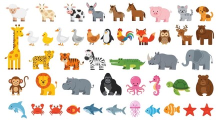 Obraz premium Collection of cute cartoon animals is arranged in a set on a white background.