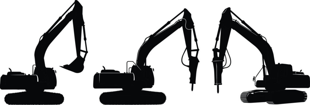 Black silhouette vector illustration of heavy excavator and hydraulic breaker machinery isolated on white background for construction and industry design