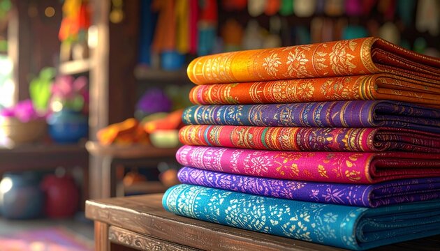 Colorful Silk Fabrics Stacked in a Shop Display.