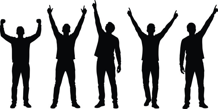 Black silhouettes of men celebrating success with raised arms and pointing upwards isolated on white background for motivation design