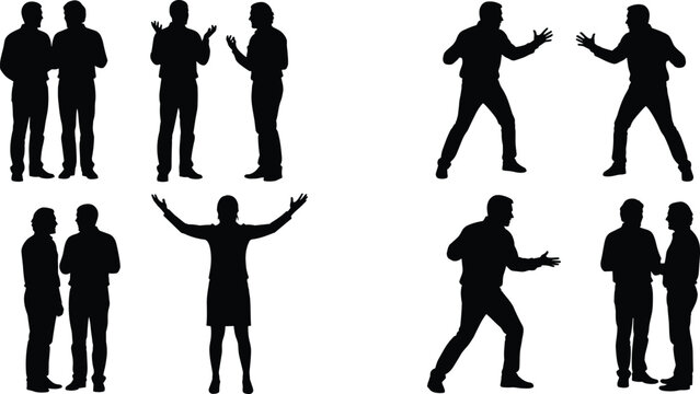 Black silhouettes of people in various poses including talking arguing and celebrating isolated on white background for communication design