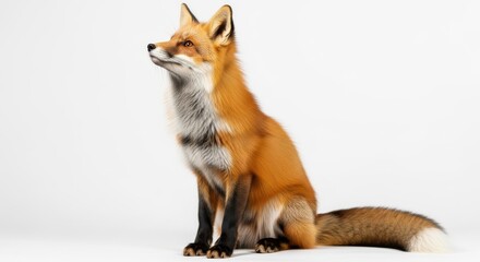 Fototapeta premium Red fox sits and looks upward against a plain white background.
