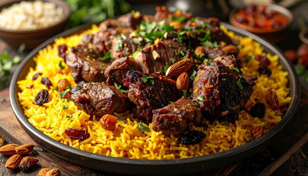 Delicious Kabuli Palaw - Afghan Rice Dish with Lamb and Toppings.