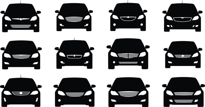 Set of black car front silhouettes featuring diverse automobile grill designs and headlight shapes isolated on white background