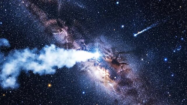 Stars shine bright in the night sky with a clear view of the galaxy and comets passing by