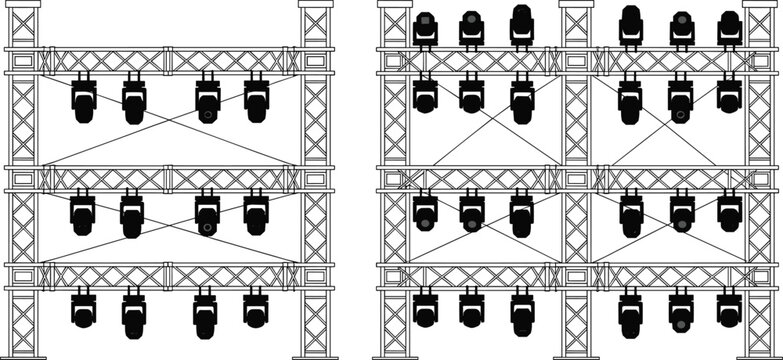 Professional stage lighting truss system with hanging spot lights and metallic scaffold structures isolated on white background for event production