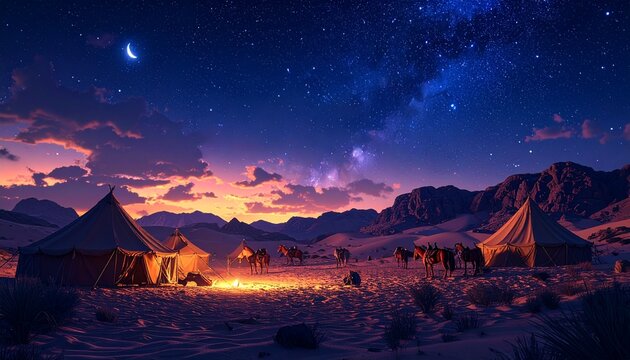 Desert Camp Under a Starry Sky - A Nighttime Oasis.