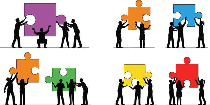 Set of business teamwork silhouettes featuring people building large colorful puzzle pieces representing cooperation partnership and creative problem solving