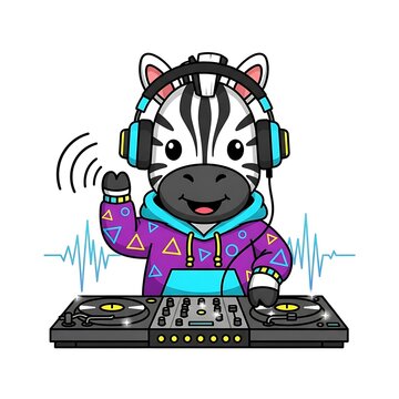A cartoon zebra wearing headphones and a hoodie, operating a DJ mixing console. It has music wave lines