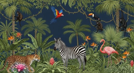 Obraz premium Tropical jungle scenery features a diverse collection of wildlife including a zebra, a leopard, exotic birds, and monkeys set against a dark foliage background.