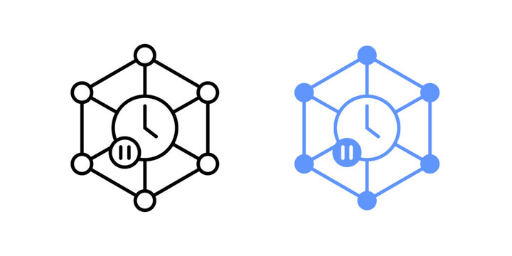 AI output delay icon. Processing node with clock indicator. Timeout state symbol. System waiting signal. Simple geometric illustration.