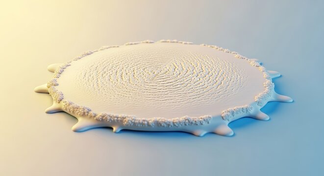 A scoop of vanilla ice cream flattened into a smooth disk like soft modeling clay, showcasing surreal deformation and melting textures, clay, culinary, fluid