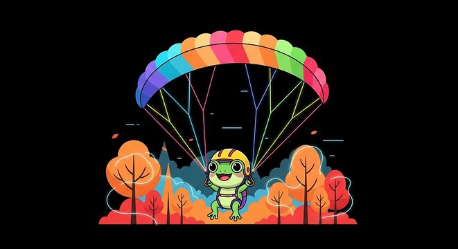 A cartoon lizard wearing a helmet floats with a rainbow parachute above colorful fall foliage against a black backdrop