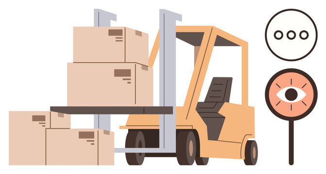 Warehouse logistics, cargo transport, safety procedures, inventory control, industrial equipment, supply chain. Forklift carrying boxes with safety and communication icons. Logistics and safety
