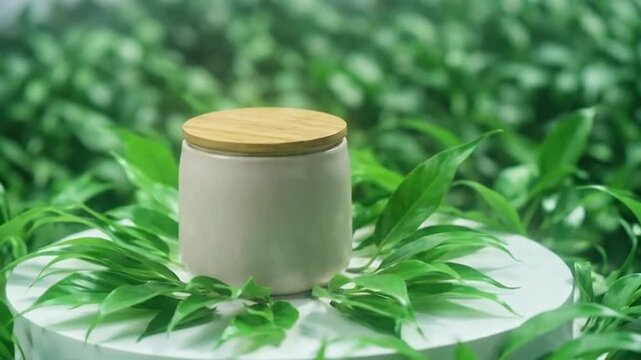 A small, round container with a wooden lid is surrounded by green leaves, creating a natural and organic composition