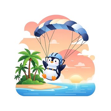 A cartoon penguin, wearing a helmet, skydiving towards a tropical beach. Background shows palm trees, ocean, sunset, and clouds