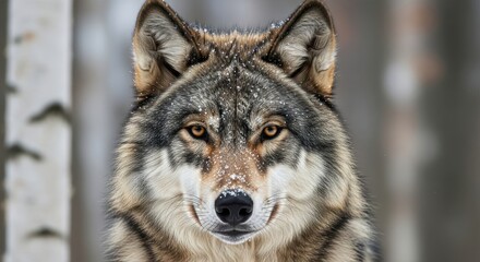 Obraz premium Close up portrait of a grey wolf shows intense eyes in the winter forest.