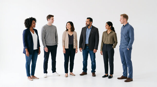 A diverse group of six individuals engaging in conversation, fostering collaboration and connection.
