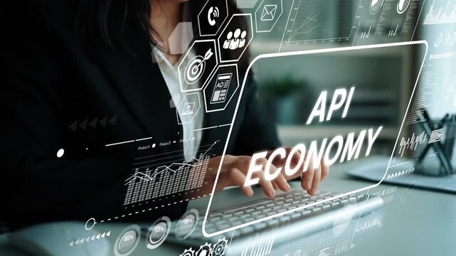 Business Professional Engaging with Digital Interface Representing API Economy and Technological Growth in Modern Workspace. Asymptotic smart data analytic.