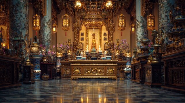 Intricate and ornate traditional Asian temple altar with gold accents and floral decorations