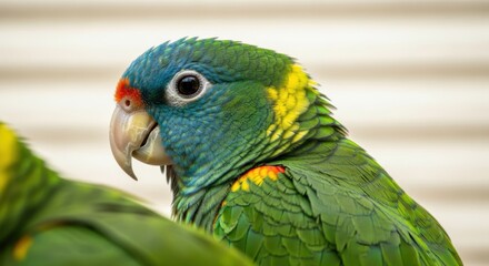 Naklejka premium Portrait of a colorful parrot showcases vibrant plumage and intricate details.