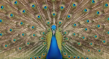 Obraz premium Peacock displays its vibrant and expansive feathers in a natural setting.