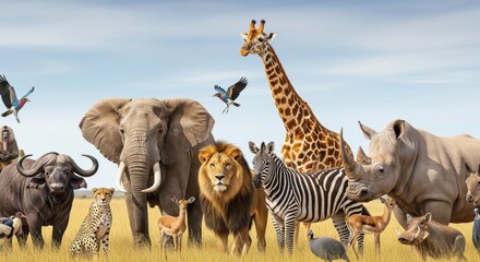Obraz premium Diverse wild animals gather together in the open African savanna.