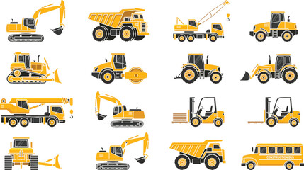 Construction machinery icons set with excavator dump truck crane forklift bulldozer and road roller vector illustration © MstMunmun