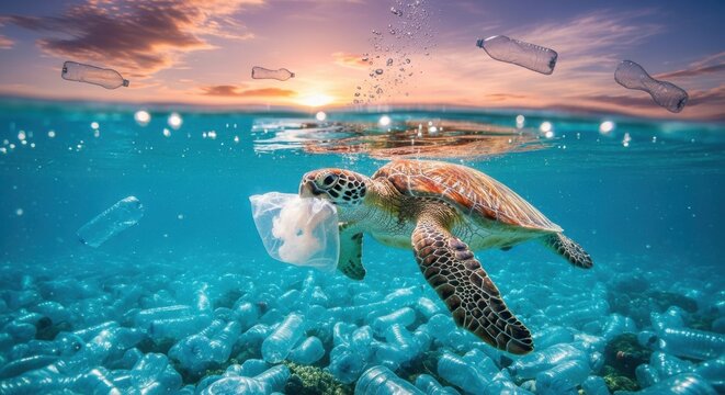 Sea turtle struggles to swim through water polluted with plastic waste.
