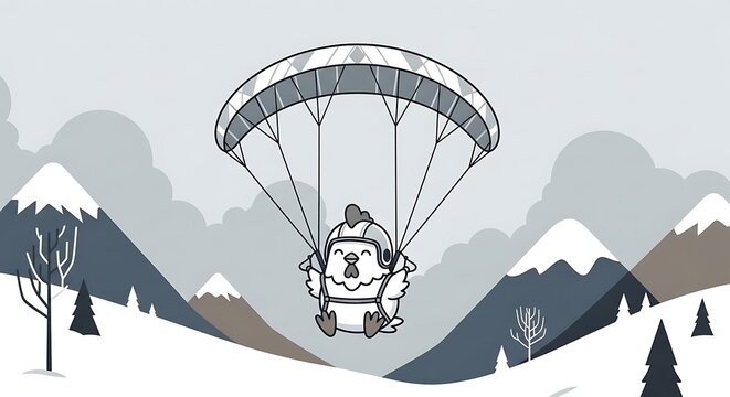 A cartoon chicken wearing a helmet and backpack is paragliding over a mountainous winter landscape, with a parachute billowing above
