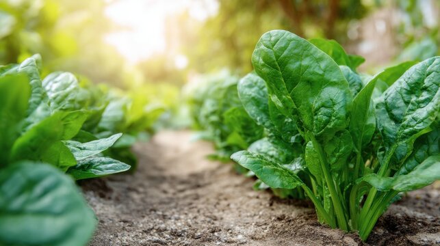 Fresh spinach plants growing in garden rows under sunlight. Organic farming concept, green leaves, natural agriculture, healthy food production and sustainability