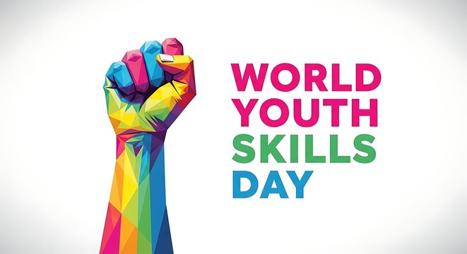Vibrant fist with world youth skills day text on white background