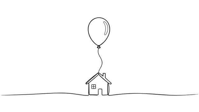 Minimalist Line Art Floating House with Balloon Freedom Concept for Real Estate Creative Design PNG