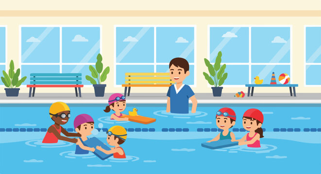 A group of diverse children are learning how to swim in an indoor pool under the guidance of a male instructor using kickboards and goggles.