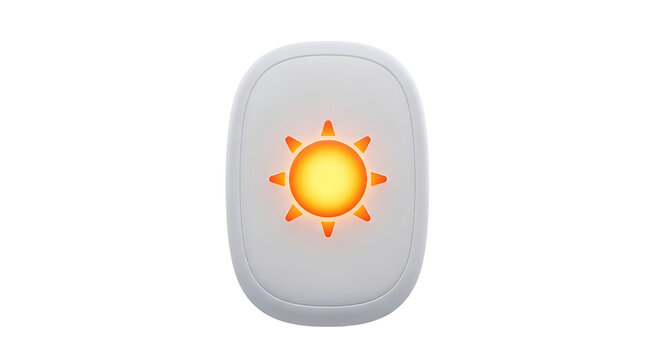 A glowing sun icon appears on a gray device in a neutral environment from a front viewpoint.