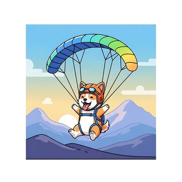 A cartoon dog enjoys the thrill of skydiving with a parachute over a mountain range and sunny skies