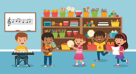 Five diverse children enjoy playing musical instruments and singing in a vibrant classroom filled with educational toys and shelves.