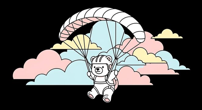 A cartoon bear parachutes through the sky, outlined with black and colorful clouds behind it. The bear wears a helmet and harness