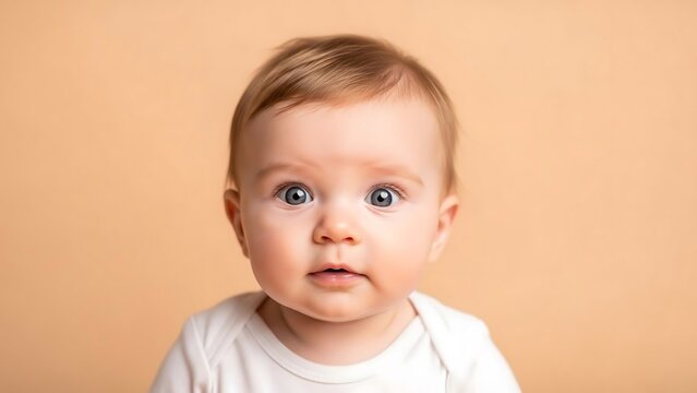 Cute baby boy with surprised expression.