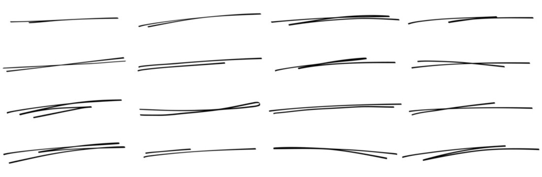 手書きのアンダーラインセット 黒ペンで描いた横長な二重線と三本線のあしらい素材
